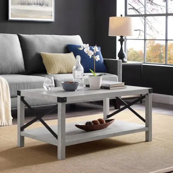 Stone Gray Metal X Rustic Wood Coffee Table {4}