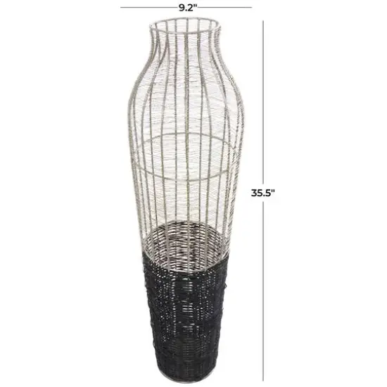 36" Silver Metal Vase with Woven Black Rattan Base {10}