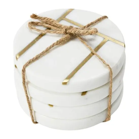 Hello Honey&reg; White Round Marble Coaster Set with Brass Inlay {5}