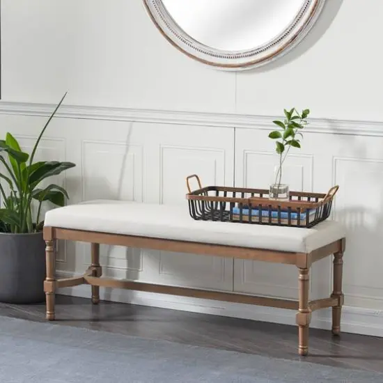 Brown Wood & Linen Traditional Bench {7}