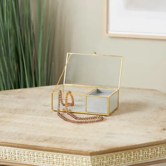 7" x 4" x 3" Clear & Gold Glass & Metal Jewelry Box with Chain Accent & Fabric Ring Slots {3}