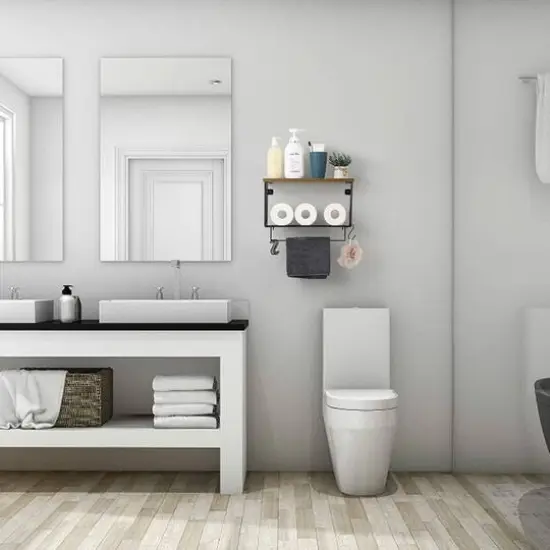 Wood & Metal Wall Mounted Bathroom Towel Rack with 6 Hooks Black {7}