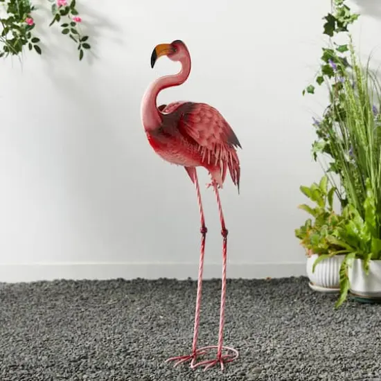 Glitzhome&reg; 35.25" Metal Standing Flamingo Garden Statue with Stakes {5}