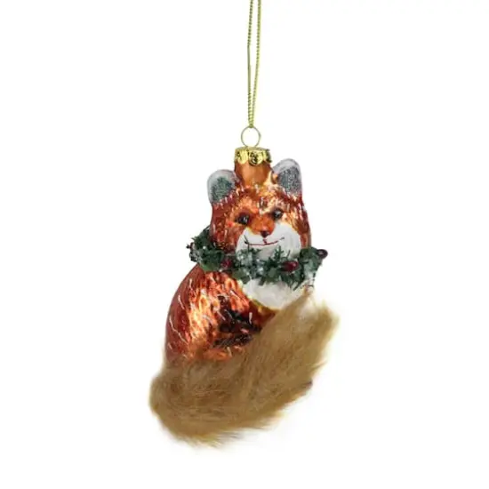 Brown & Green Fox with Faux Fur Tail & Wreath Ornament {1}