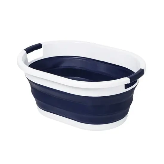 Honey Can Do 24" Collapsible Rubber Laundry Basket Set Blue and White {6}