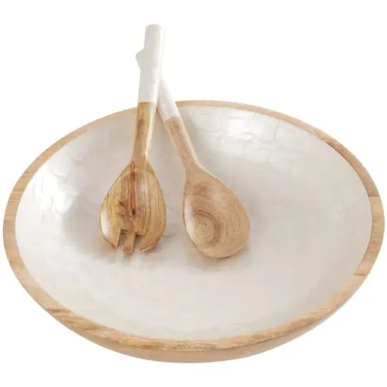 Mango Wood Decorative Bowl with Serving Utensils Set Cream {1}