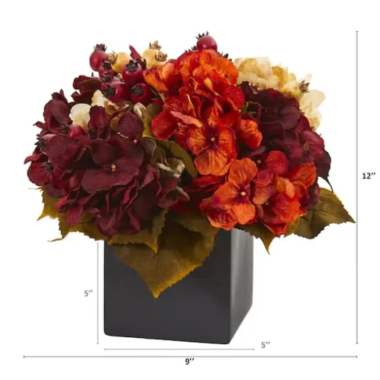 12in. Autumn Hydrangea Berry Arrangement in Black Vase {3}