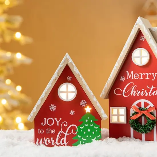 Glitzhome&reg; Christmas Lighted Wooden House Table D&eacute;cor Set {4}