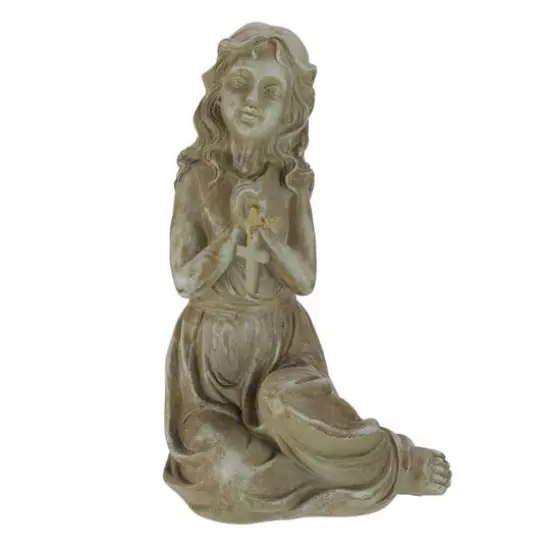 14.5" Weathered Brown Sitting Angel with Cross Outdoor Garden Statue {1}