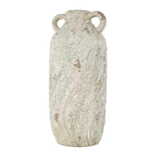 15.5" Cream Magnesium Oxide Antique Textured Amphora Decorative Vase with 2 Small Handles {5}
