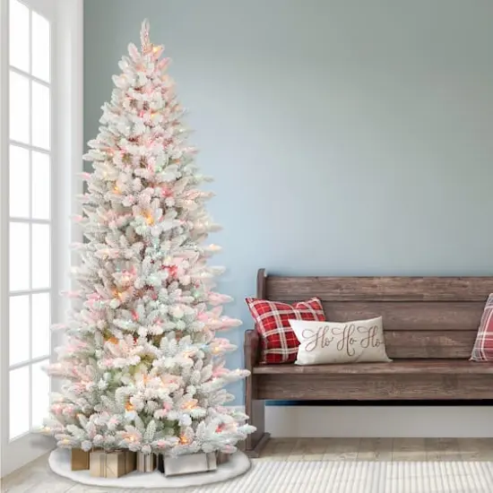 7.5ft Pre-Lit White Slim Fraser Fir Flocked Artificial Christmas Tree, Multicolor Lights {3}