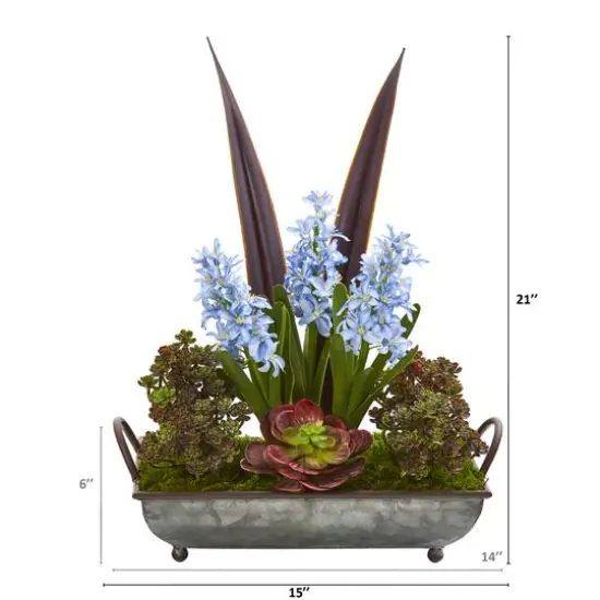 21" Hyacinth & Succulent Plant in Metal Tray {3}