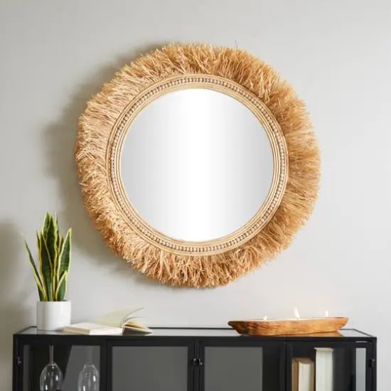 Light Brown Seagrass Wall Mirror with Fringe Detailing 35" x 1" x 35" {7}