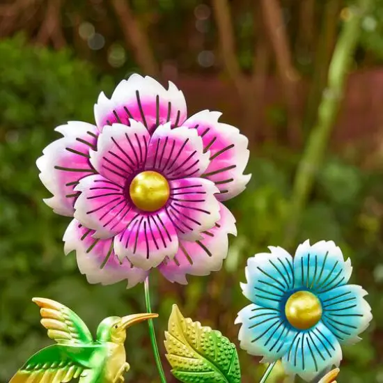 Glitzhome&reg; 34" Flowers & Hummingbirds Garden Stake {7}