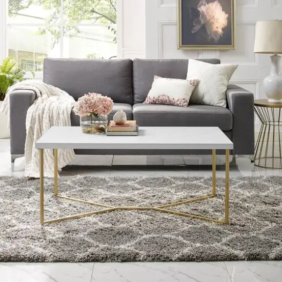 Luxe 42" Faux White Marble & Gold Y Leg Modern Glam Coffee Table {3}