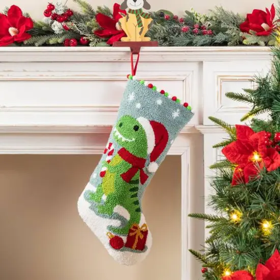 Glitzhome&reg; 21"L Hooked Christmas Dinosaur Stocking {4}