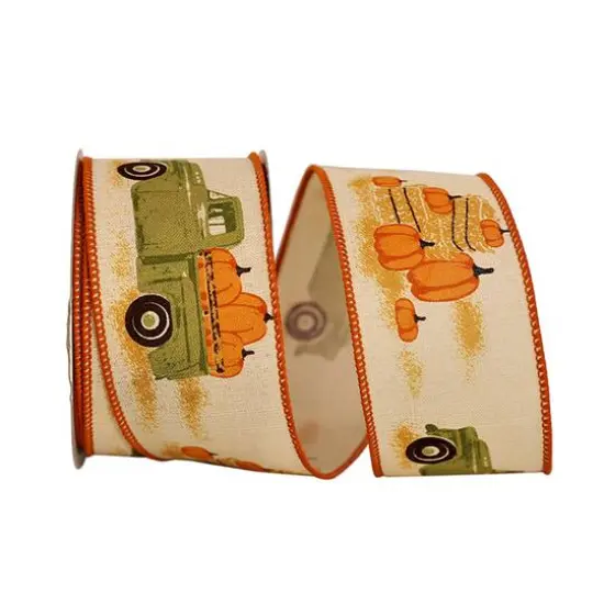 Reliant 2.5" x 10yd. Faux Linen Wired Pickup Truck with Pumpkins Ribbon {1}