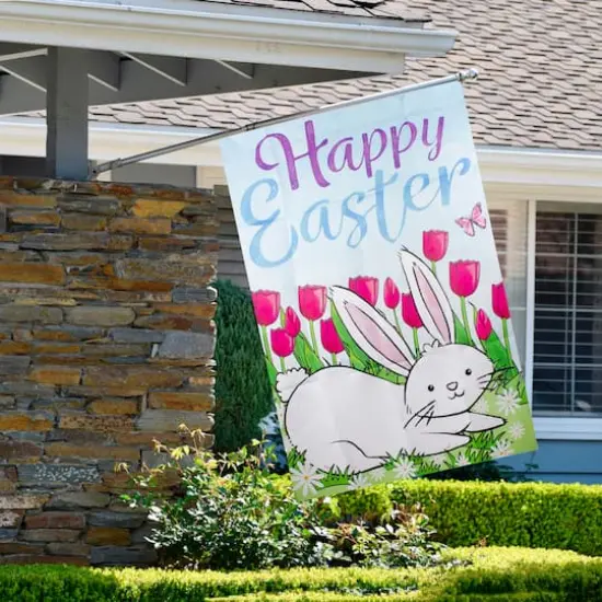 Colorful Happy Easter Bunny with Tulips House Flag {3}