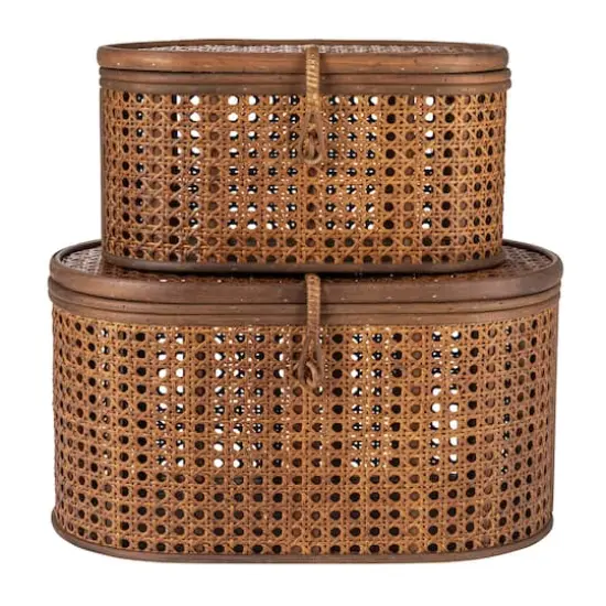 Hello Honey&reg; Modern Decorative Oval Woven Rattan Storage Box Set Dark Brown {11}