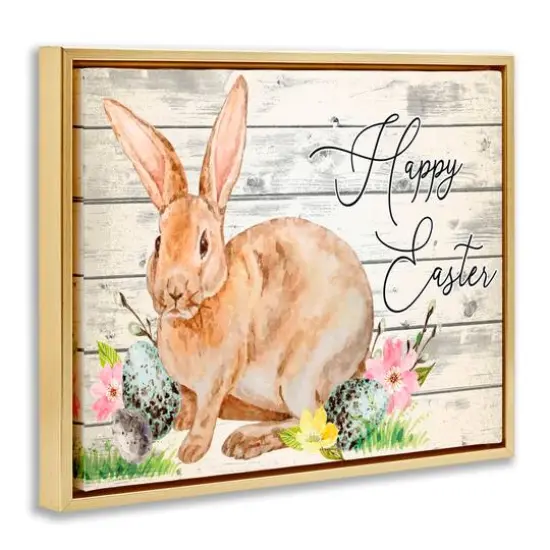 Stupell Industries Spring Floral Happy Easter Bunny Floater Framed Art Gold {4}
