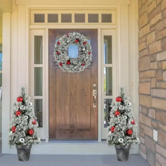 3ft. Pre-Lit Potted Snowy Bristle Pine Artificial Christmas Tree, Warm White LED Lights {3}