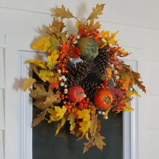 24" Autumn Harvest Decorative Artificial Fall Leaves, Pinecones, Pumpkins and Berries Wreath {4}
