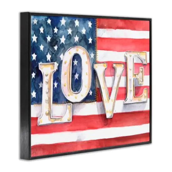 Stupell Industries Vintage Love Text Over Stitched American Flag Framed Giclee Art Black {4}