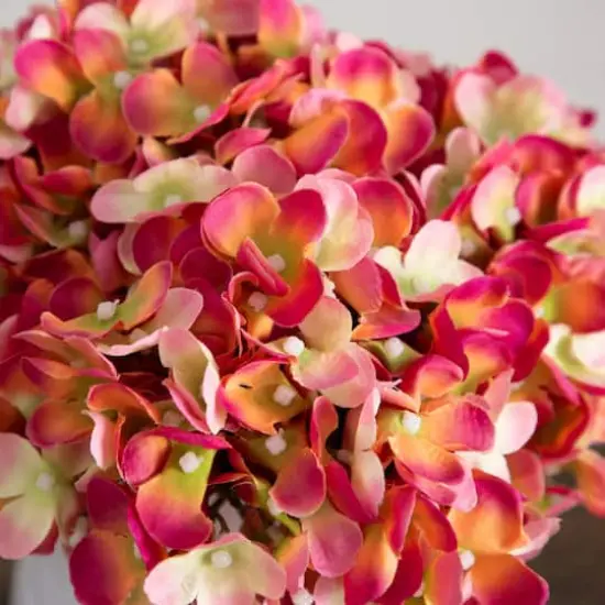 11" Pink Hydrangea Arrangement in White Metal Vase {4}
