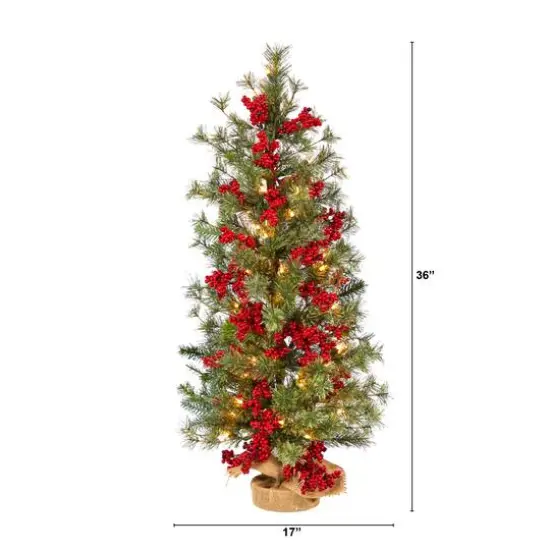 3ft. Pre-Lit Pine Artificial Christmas Tree with Berries and Burlap Base, Warm White Lights {8}
