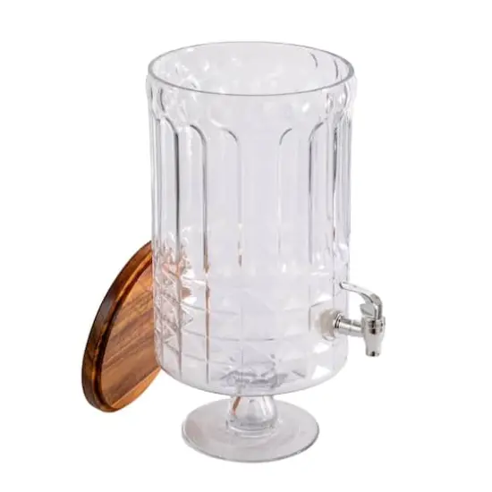 Hello Honey 8-Quart Cut Glass Beverage Dispenser with Plastic Spout and Acacia Wood Lid, Silver Color and Natural {9}