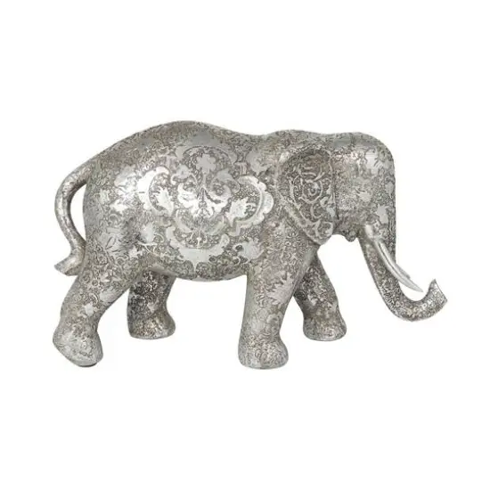 7" Silver Elephant Engraved Floral Sculpture {5}