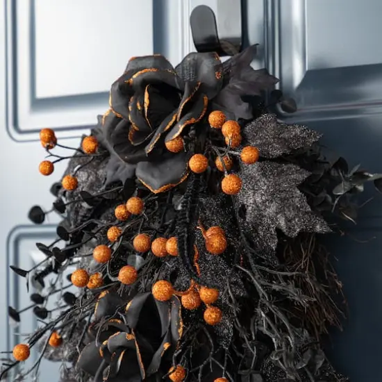 Glitzhome&reg; 28"H Halloween Black Rose and Berry Swag with Hanger {4}
