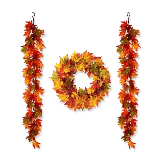 Glitzhome&reg; Lighted Fall Maple Leaves Garland & Wreath Set {1}