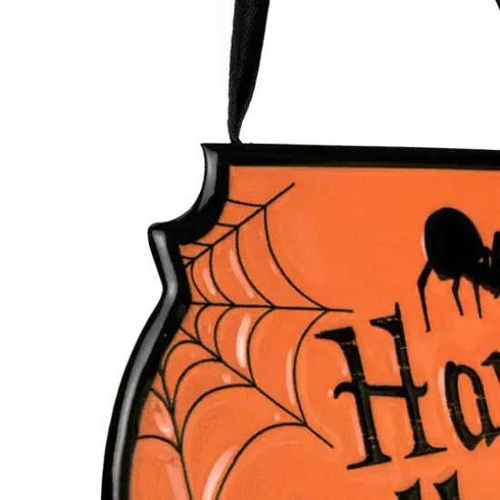 Orange & Black Happy Halloween Cauldron Pot Metal Wall Sign {5}