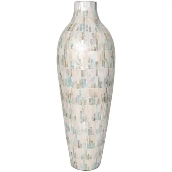 28" White Mother of Pearl Handmade Mosaic Inspired Vase with Pastel Blue & Pink Accents {9}