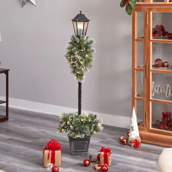 5ft. Pre-Lit LED Holiday Decorated Lamp Post With Faux Greenery In Decorative Container {8}