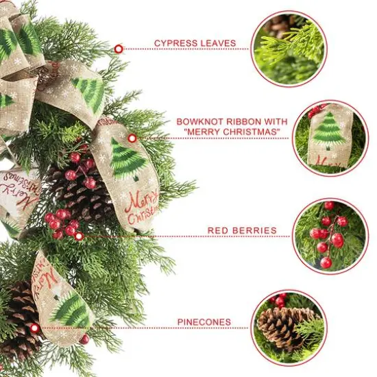 Glitzhome&reg; 24" Cypress Leaves & Pinecone Wreath with Ribbon & Bow {7}
