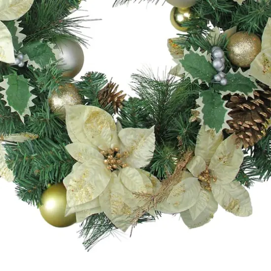 24" Pre-Decorated Gold Poinsettia & Ball Artificial Wreath {8}