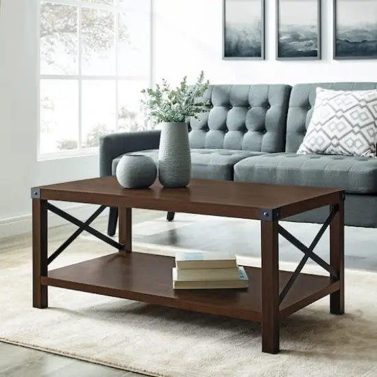 Dark Walnut Metal X Rustic Wood Coffee Table {4}