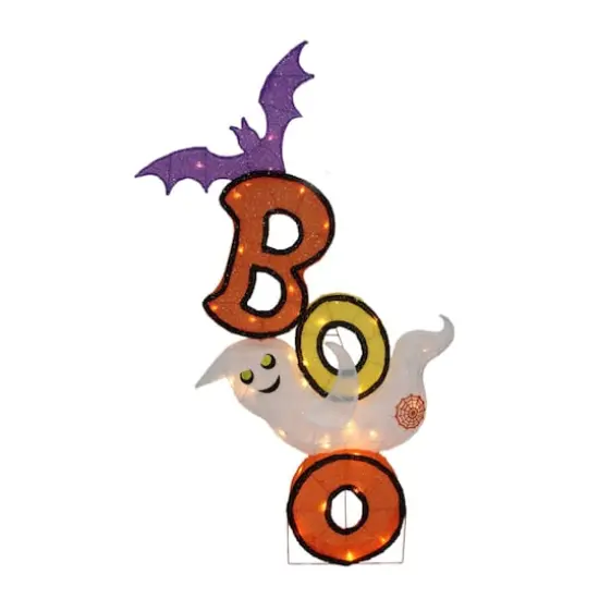 4ft. Pre-Lit Bat & Ghost BOO Halloween Decoration, Warm White LED Lights {1}