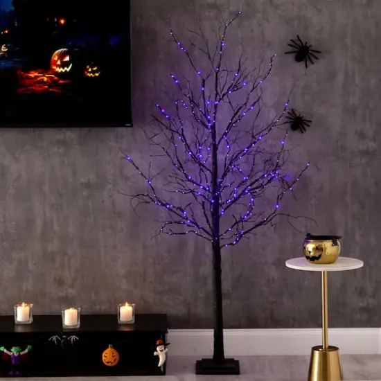 6ft. Orange & Purple LED Pre-Lit Halloween Deluxe Black Twig Artificial Fall Tree {3}