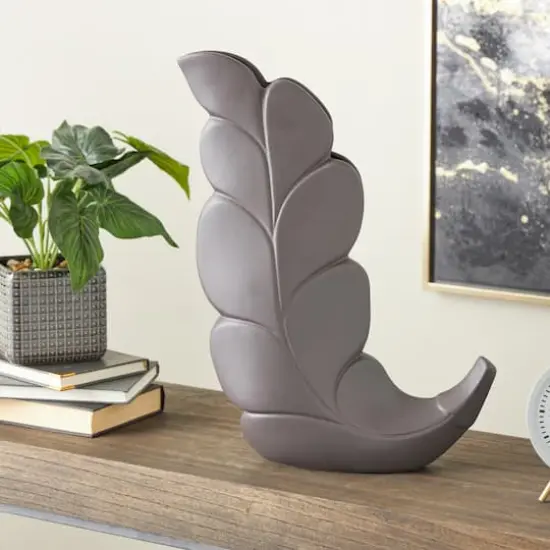 19" Black Slanted Ceramic Leaf Vase {3}
