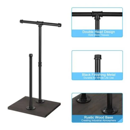 NEX&trade; Freestanding Iron Pipe Toilet Paper Holder with Solid Wood Base Black {5}