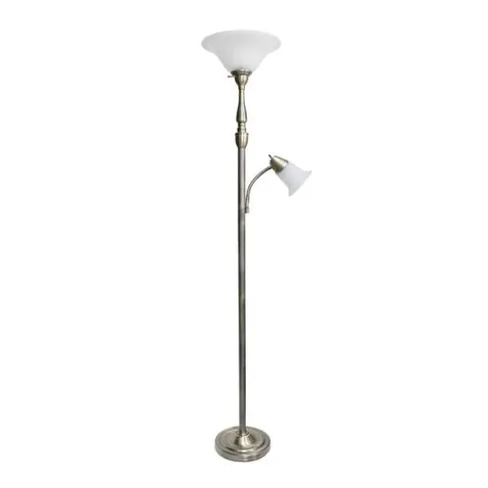 Lalia Home Torchiere Floor Lamp with Reading Light Antique Brass/White Shades {1}