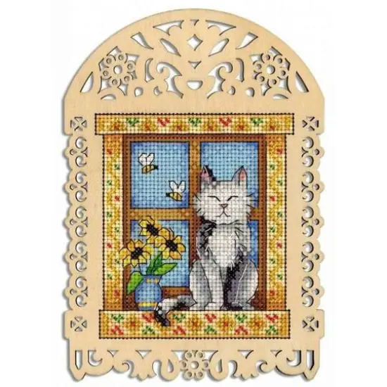 MP Studia Grey Cat Cross Stitch On Wood Kit {1}