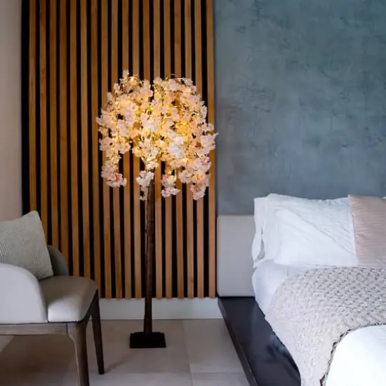 5ft. Pre-Lit Blossoming Pink Artificial Cascading Cherry Tree with Warm White LED Lights {3}