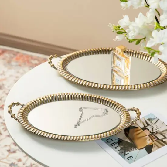 Glitzhome&reg; Gold Oval Metal Mirrored Decorative Trays Set {5}