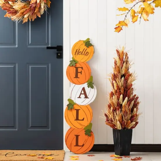 Glitzhome&reg; 41.75" Fall and Christmas Double-Sided Wooden Pumpkin and Ornament Porch Sign {4}