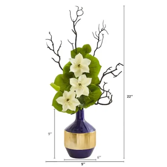 22" Anemone & Lotus Leaf Arrangement In Vase White {4}