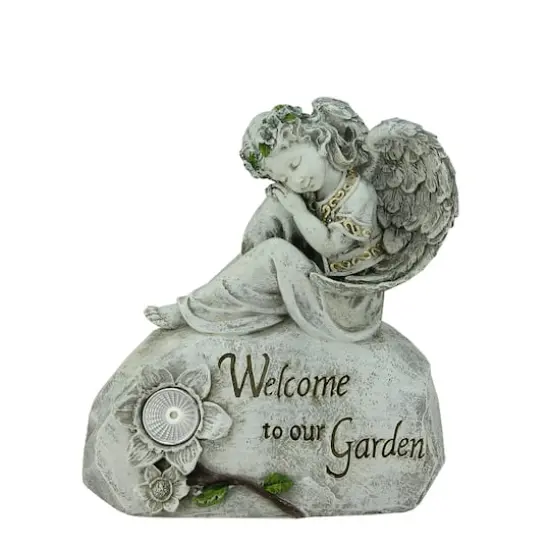 10" Gray Angel Welcome To Our Garden Solar Powered Statue {1}